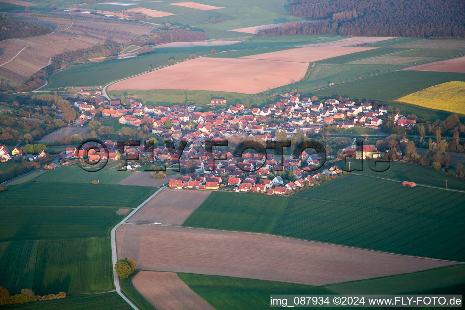 Aerial view of Obervolkach in Volkach in the state Bavaria, Germany