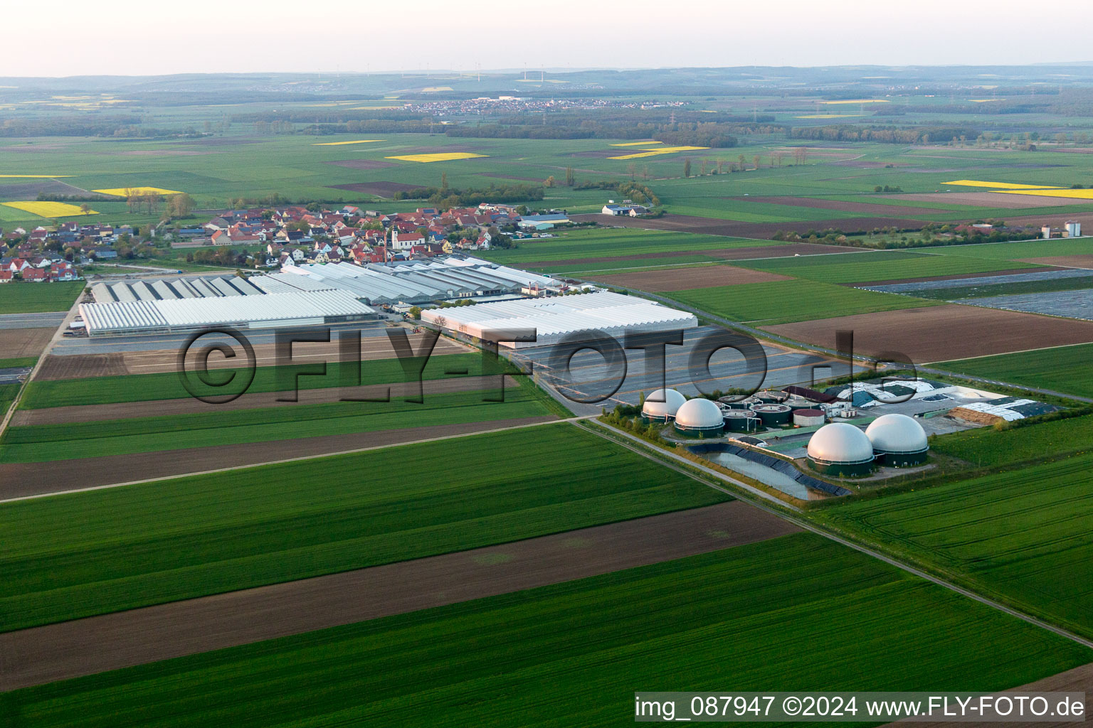 Glass roof surfaces in the greenhouse rows for Floriculture in the district Oberspiesheim in Kolitzheim in the state Bavaria, Germany