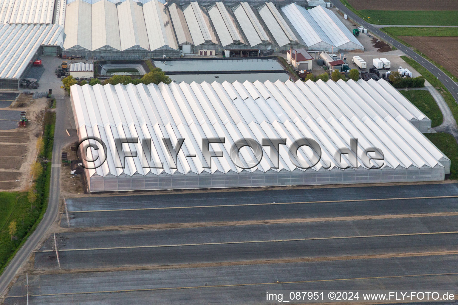 Glass roof surfaces in the greenhouse rows for Floriculture in the district Oberspiesheim in Kolitzheim in the state Bavaria, Germany from above