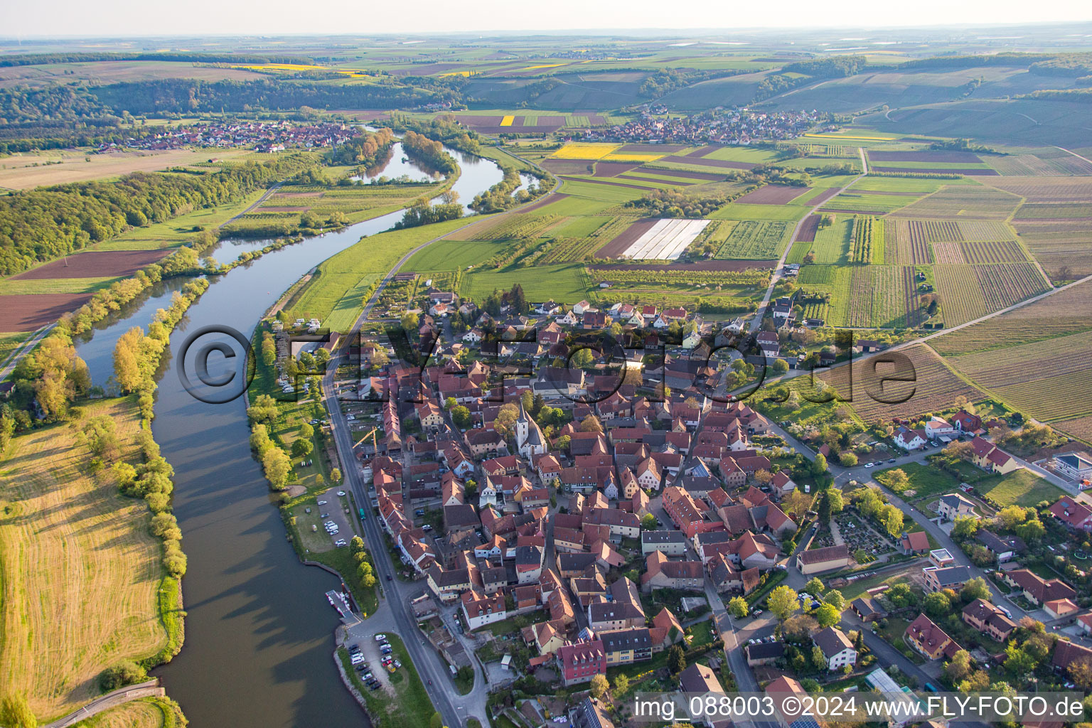 Aerial view of Obereisenheim in the state Bavaria, Germany