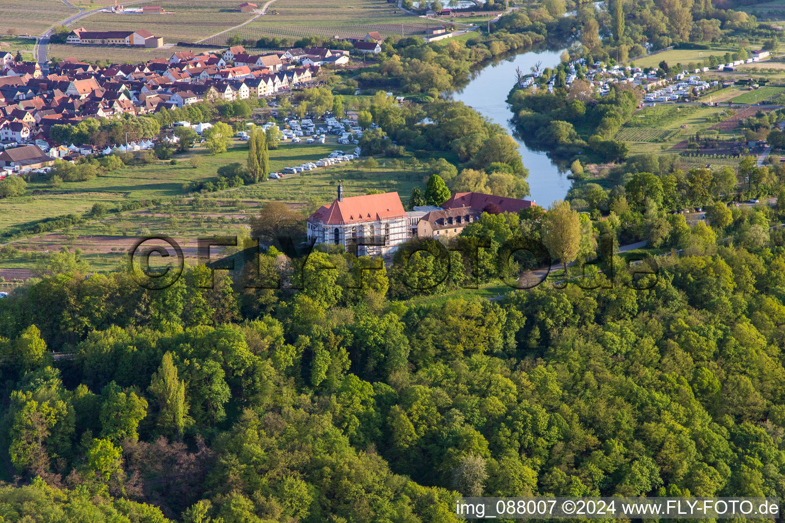 Vogelsburg and Mariä Schutz in the district Escherndorf in Volkach in the state Bavaria, Germany