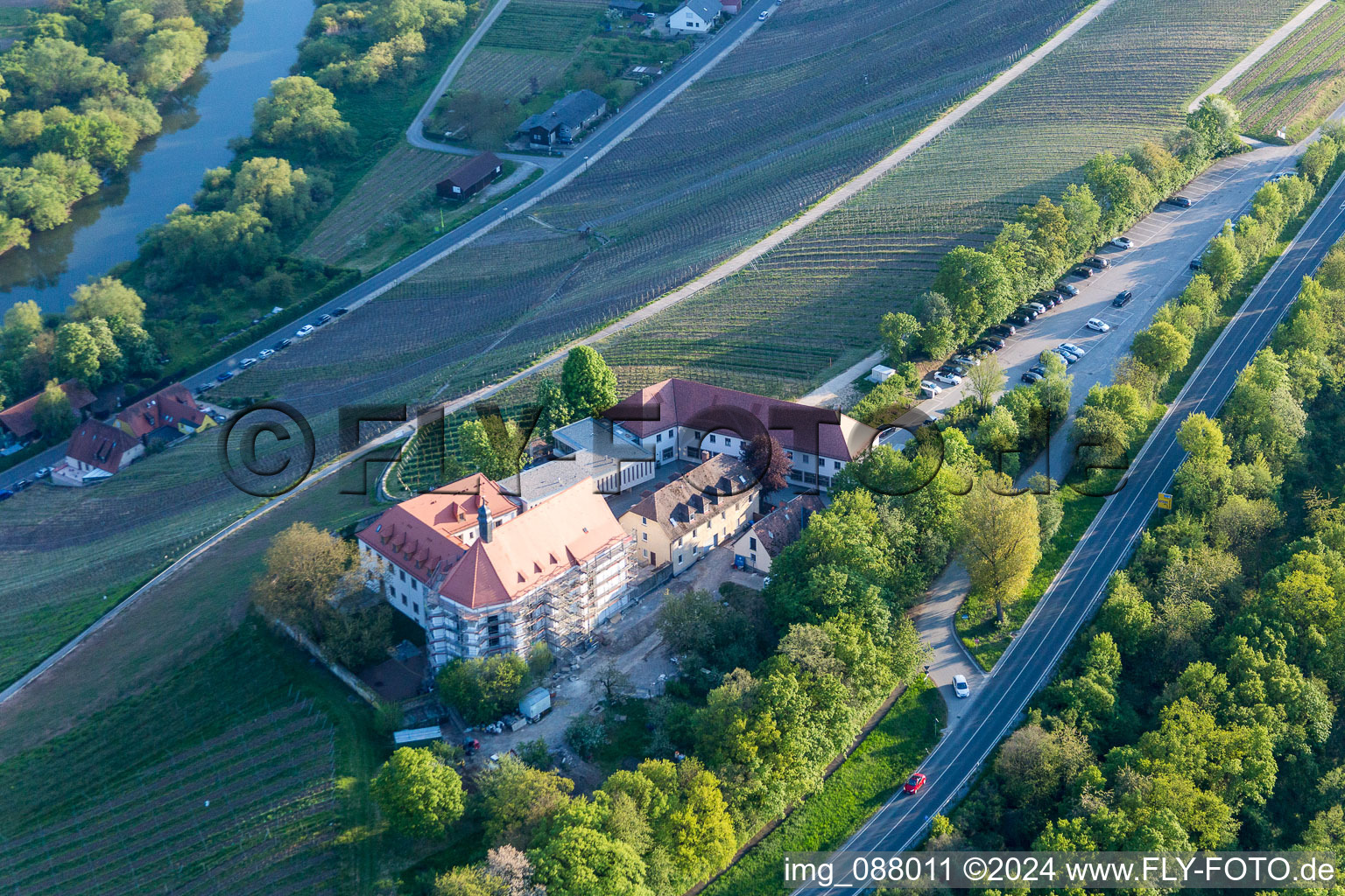 Aerial view of Fields of wine cultivation landscape Mainhang at the Vogelsburg in the district Escherndorf in Volkach in the state Bavaria, Germany