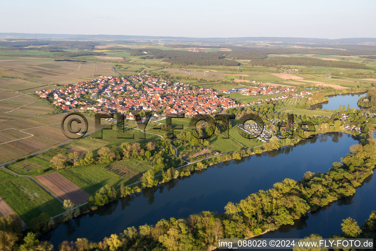 Village on the river bank areas of Main-Aue in Sommerach in the state Bavaria, Germany