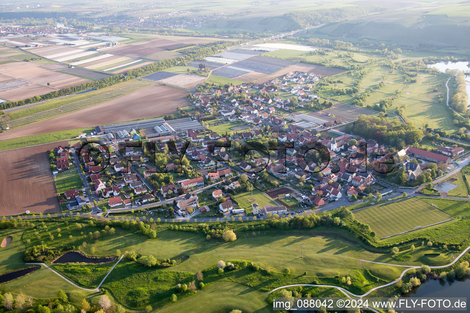 Aerial view of Town on the banks of the river of the Main river in Dettelbach in the state Bavaria