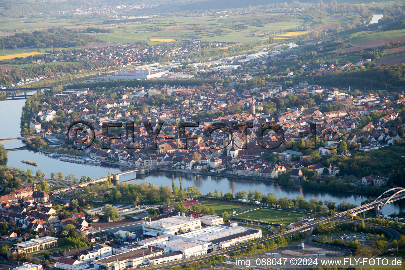 Aerial view of Kitzingen in the state Bavaria, Germany