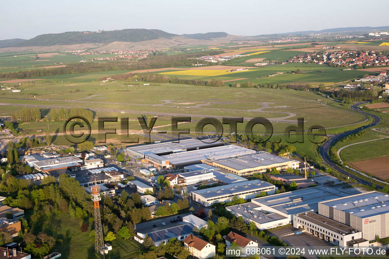 Oblique view of Etwashausen, industrial area in Kitzingen in the state Bavaria, Germany