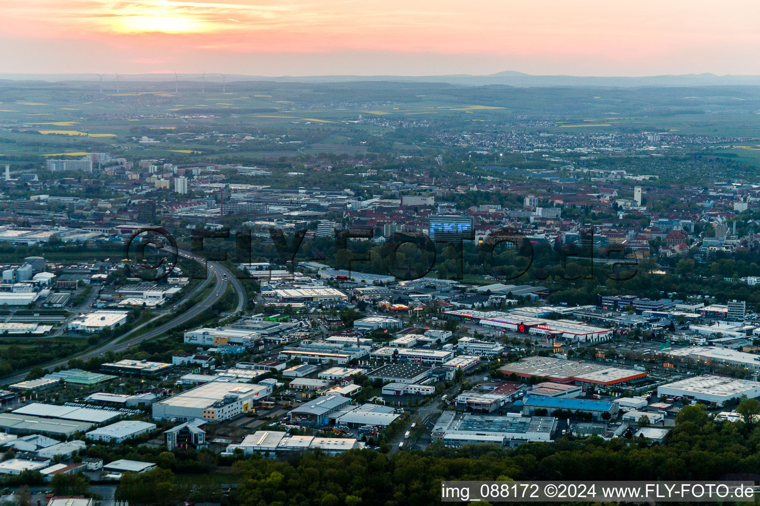 Industrial estate and company settlement Harbour at sunset in Schweinfurt in the state Bavaria, Germany