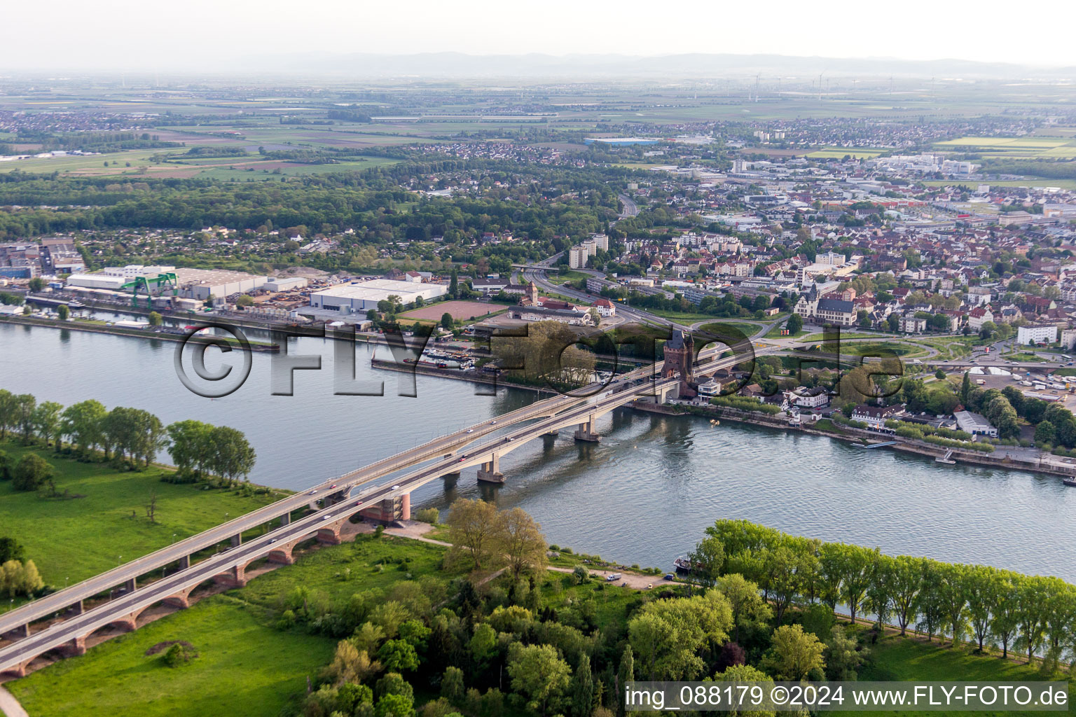 River - bridge construction Nibelungenbridge for the B47 crossing the Rhine in Worms in the state Rhineland-Palatinate, Germany