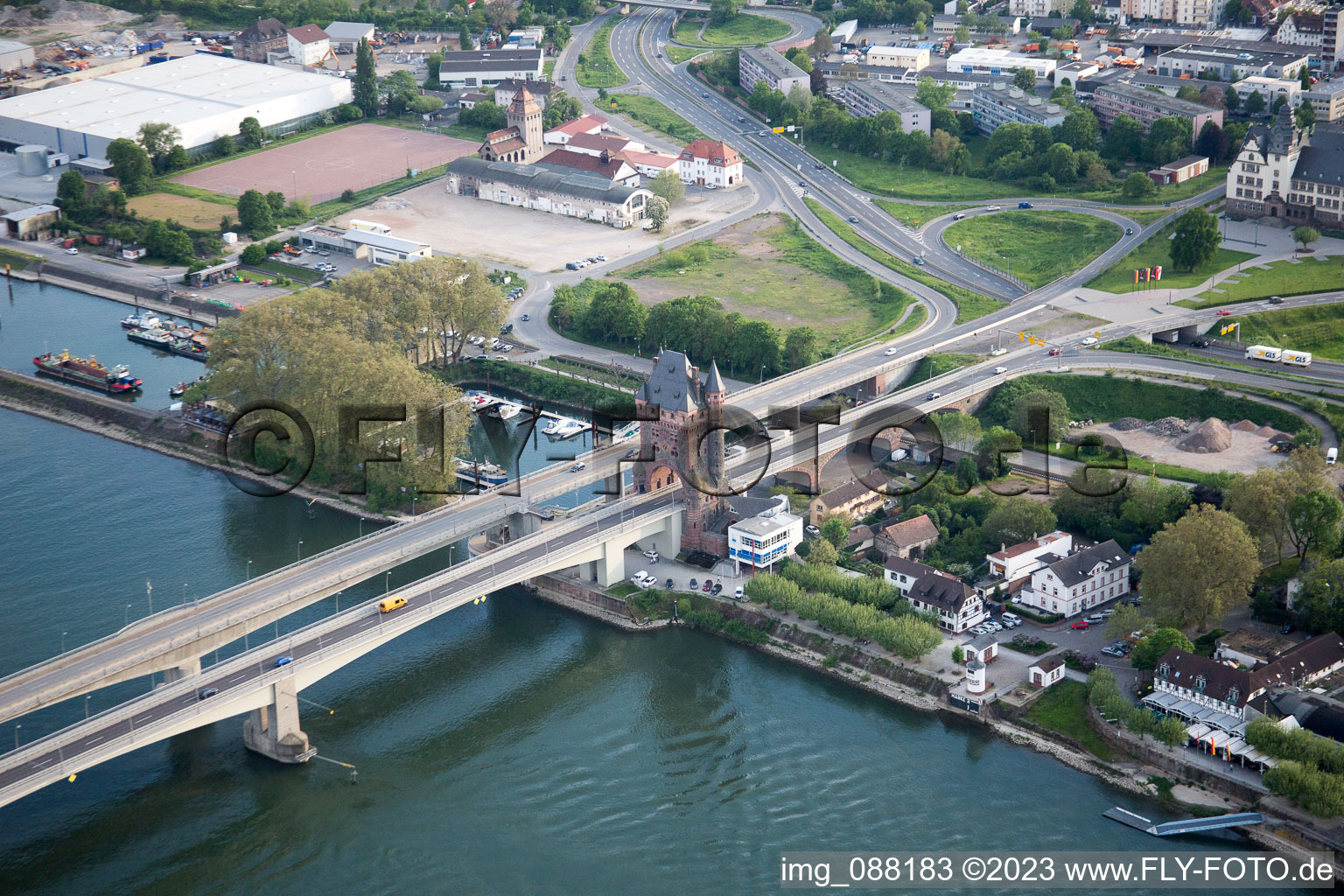 Aerial view of Nibelungen Bridge in Worms in the state Rhineland-Palatinate, Germany