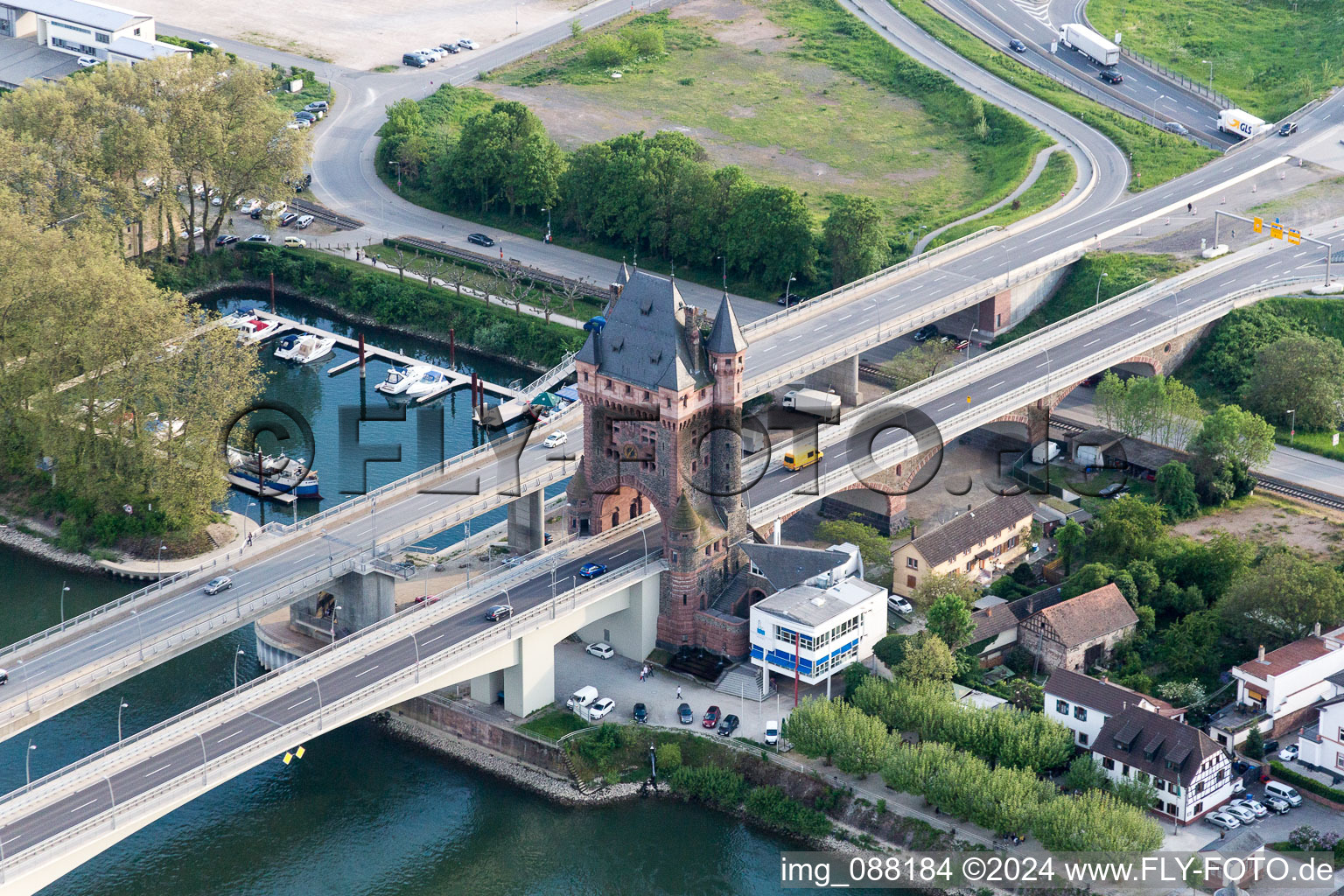 Aerial view of River - bridge construction Nibelungenbridge for the B47 crossing the Rhine in Worms in the state Rhineland-Palatinate, Germany