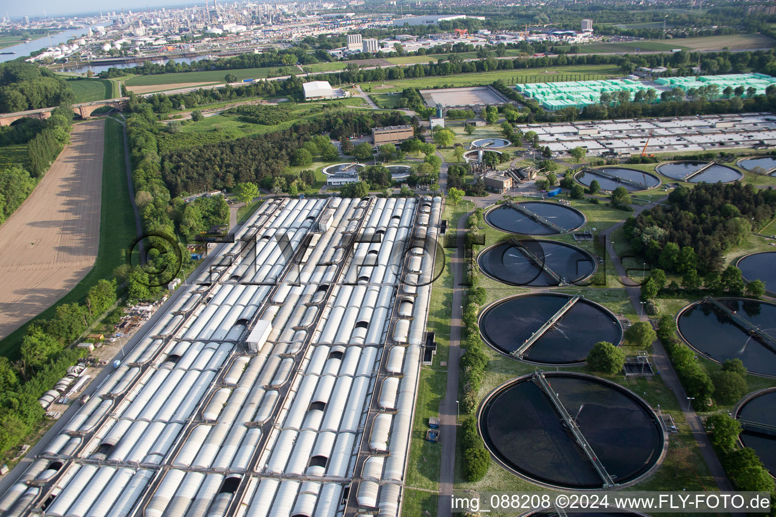 Aerial photograpy of BASF sewage treatment plant in the district Mörsch in Frankenthal in the state Rhineland-Palatinate, Germany