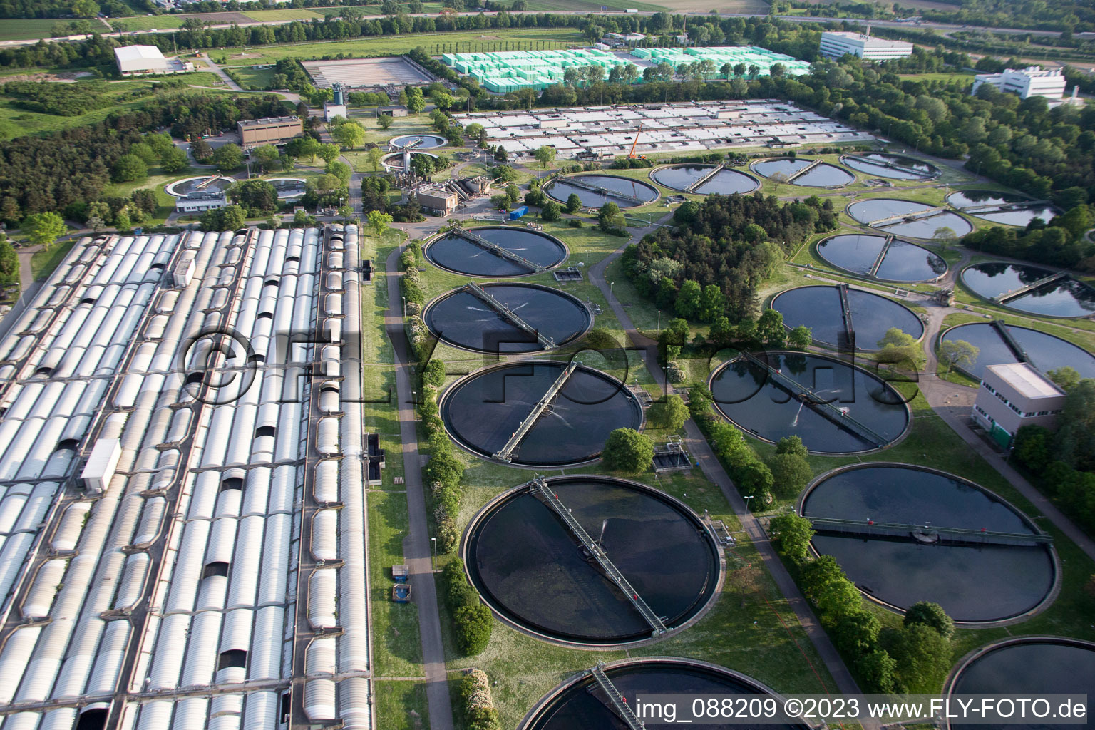 Oblique view of BASF sewage treatment plant in the district Mörsch in Frankenthal in the state Rhineland-Palatinate, Germany