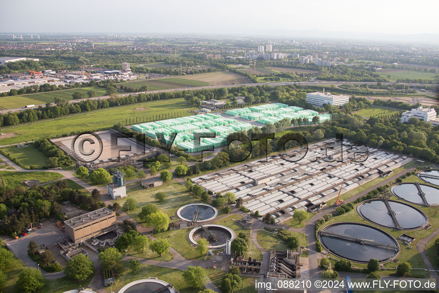 BASF sewage treatment plant in the district Mörsch in Frankenthal in the state Rhineland-Palatinate, Germany from above