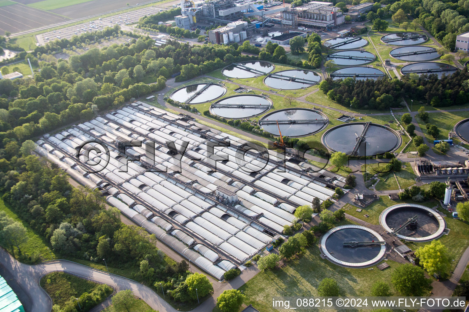 Aerial view of Sewage works Basin and purification steps for waste water treatment of BASF Klaeranlage in Frankenthal (Pfalz) in the state Rhineland-Palatinate, Germany