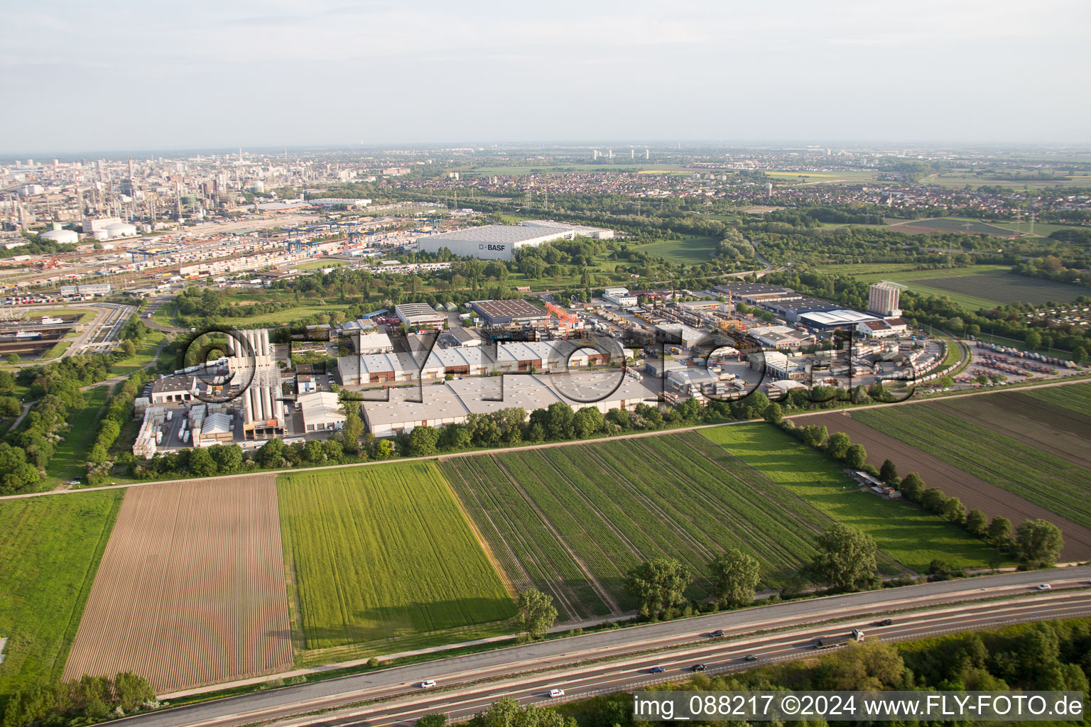 Aerial view of Muldenweg commercial area in the district Pfingstweide in Ludwigshafen am Rhein in the state Rhineland-Palatinate, Germany