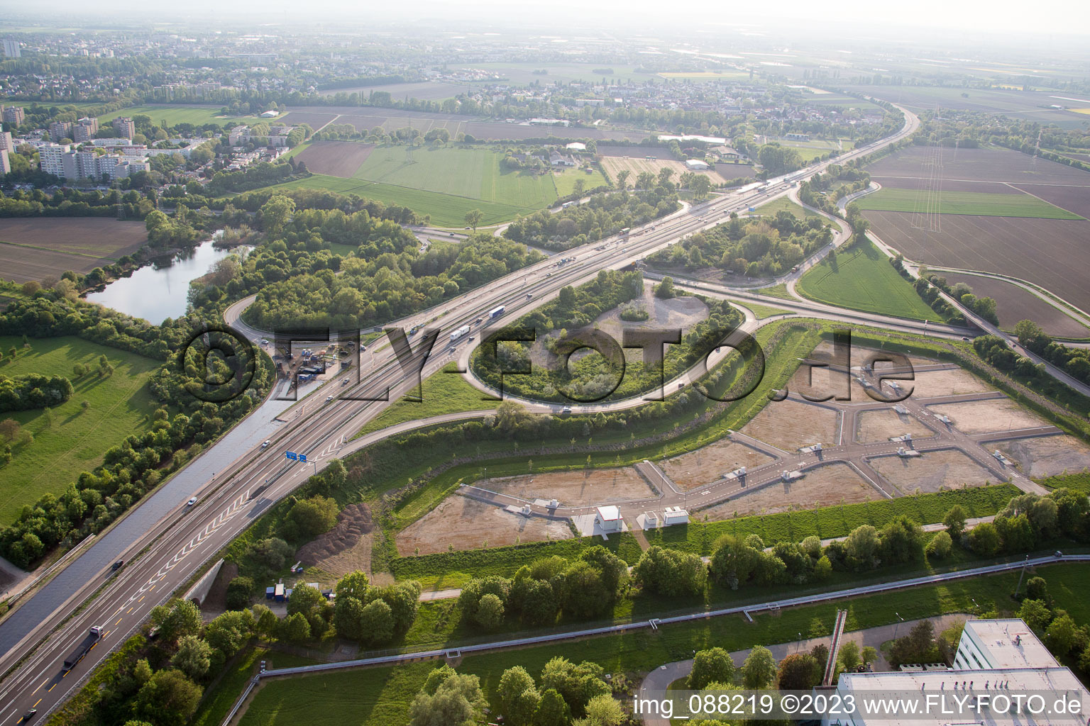 Aerial view of A6 North exit in the district Mörsch in Frankenthal in the state Rhineland-Palatinate, Germany