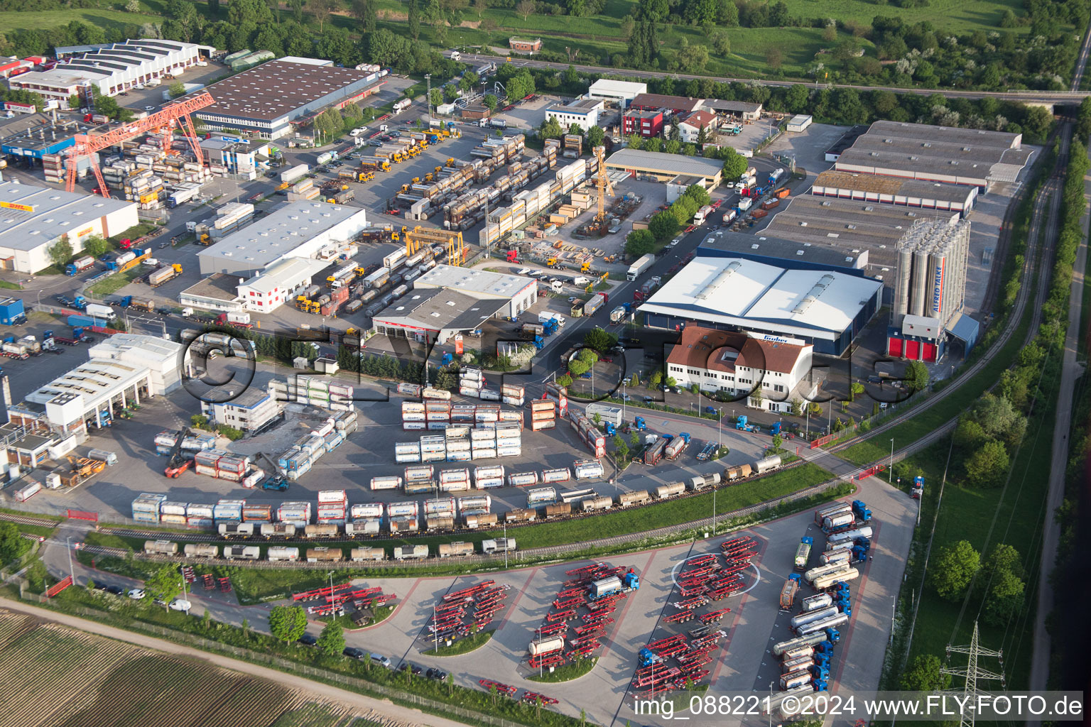 Oblique view of Muldenweg commercial area in the district Pfingstweide in Ludwigshafen am Rhein in the state Rhineland-Palatinate, Germany