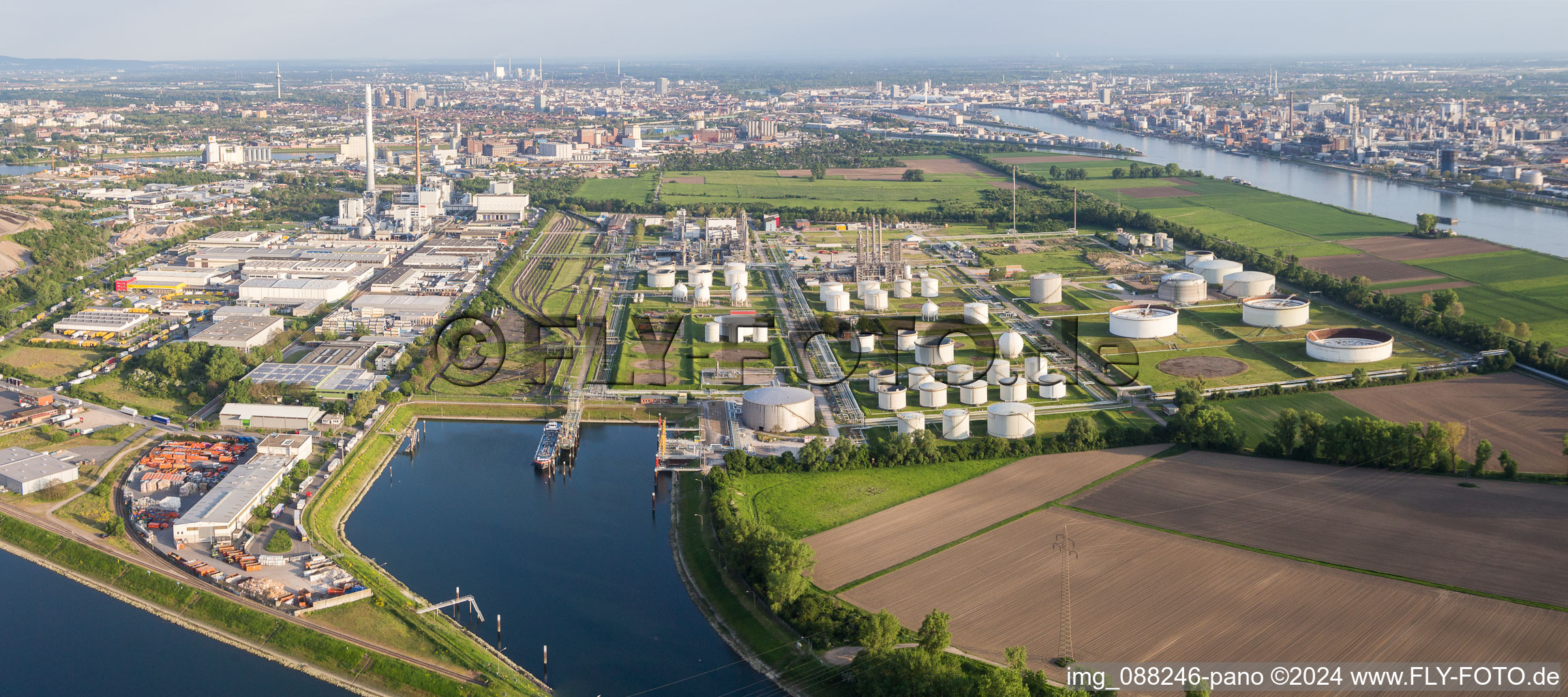 Industrial and commercial area with MTG Bayer GmbH in the district Industriehafen in Mannheim in the state Baden-Wurttemberg, Germany