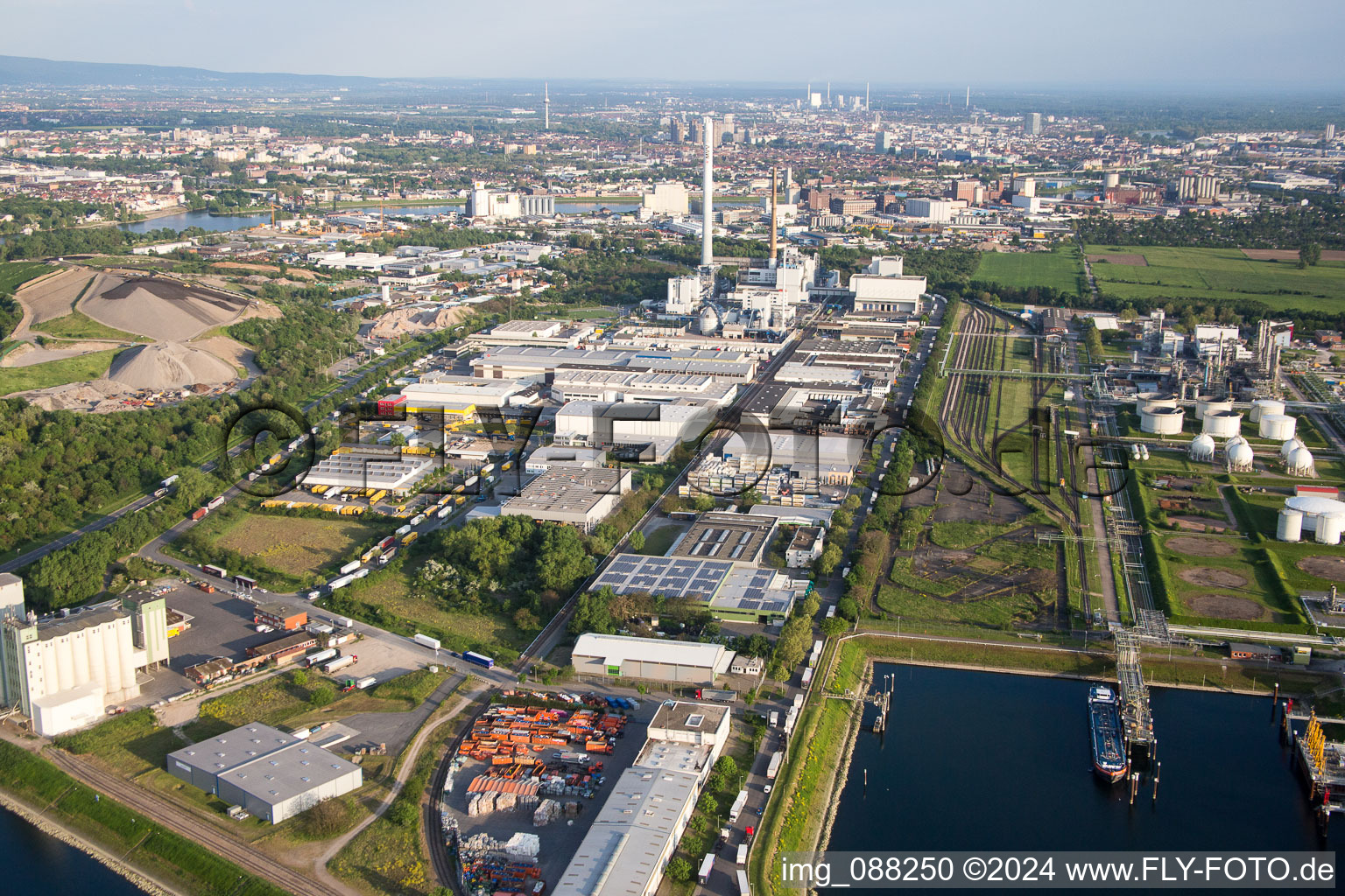 Building and production halls on the premises of MTG Bayer GmbH in the district Industriehafen in Mannheim in the state Baden-Wurttemberg, Germany