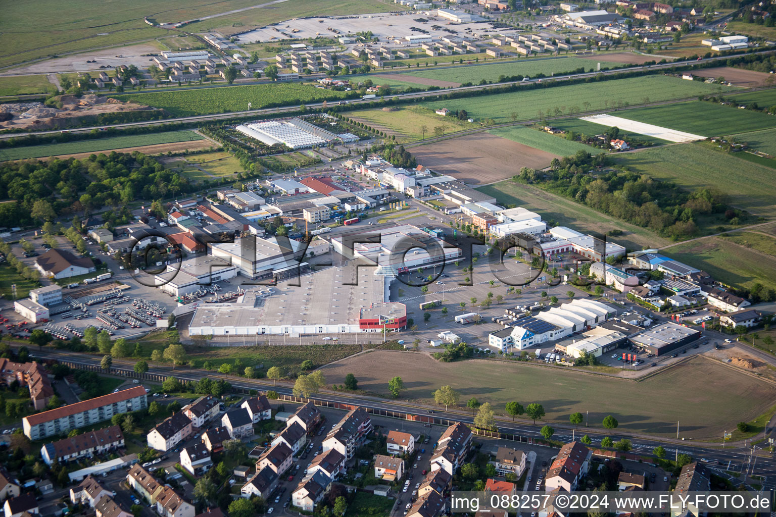 Building of the store - furniture market Roller Moebel - Mannheim and REWE Center in the district Sandhofen in Mannheim in the state Baden-Wurttemberg, Germany