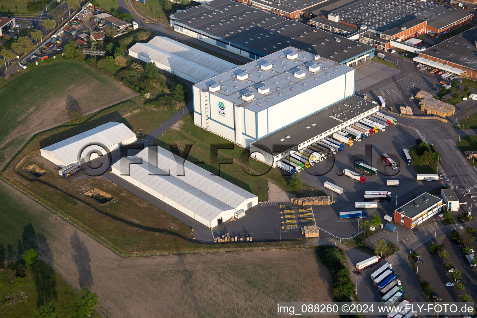 Lorry access to Building and production halls on the premises of SCA HYGIENE PRODUCTS GmbH in the district Waldhof in Mannheim in the state Baden-Wurttemberg, Germany