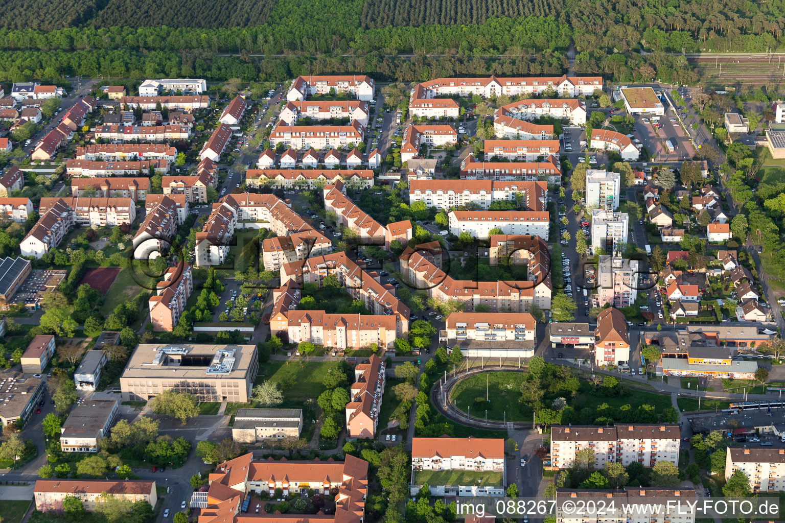 Oblique view of District Schönau in Mannheim in the state Baden-Wuerttemberg, Germany