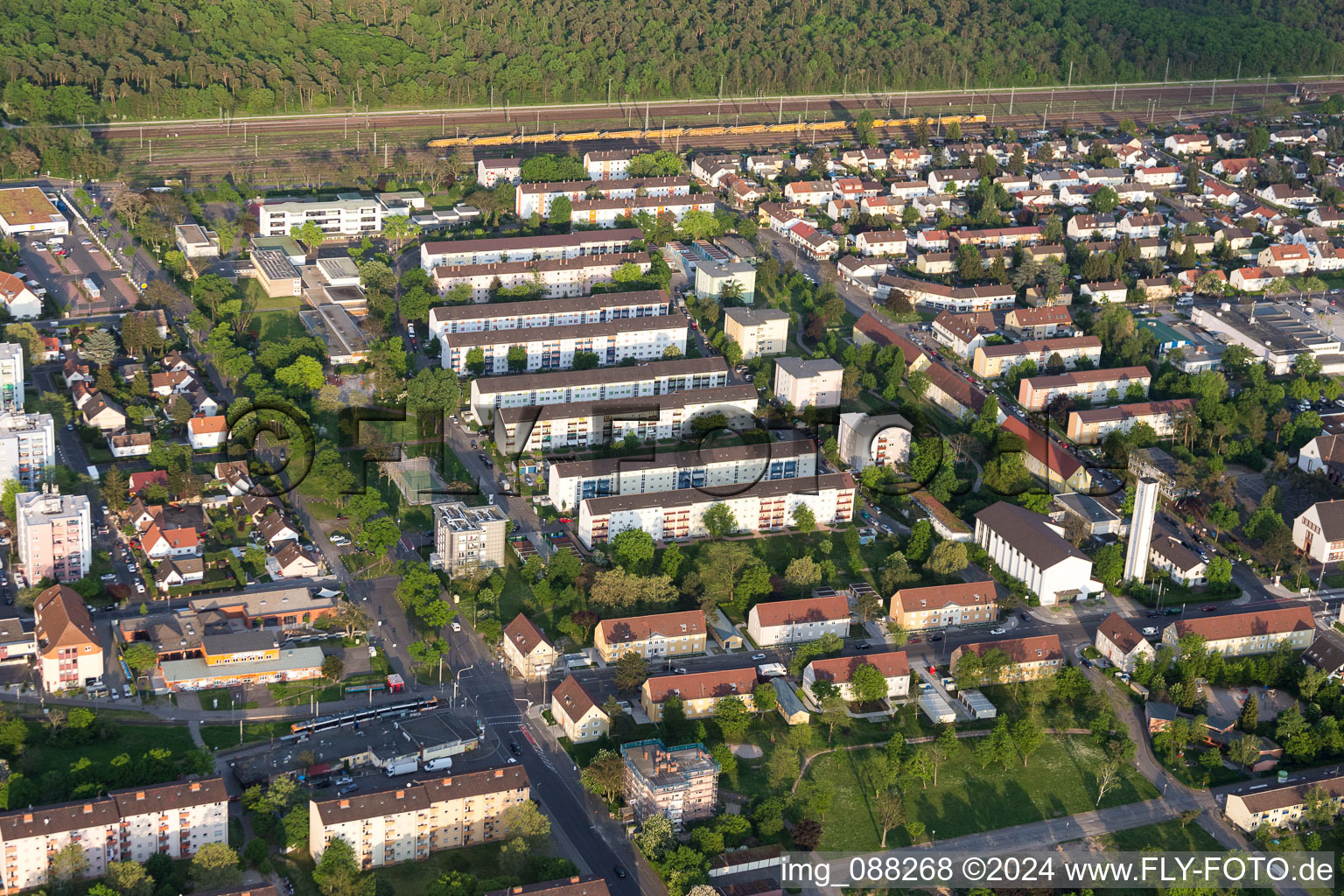 District Schönau in Mannheim in the state Baden-Wuerttemberg, Germany from above