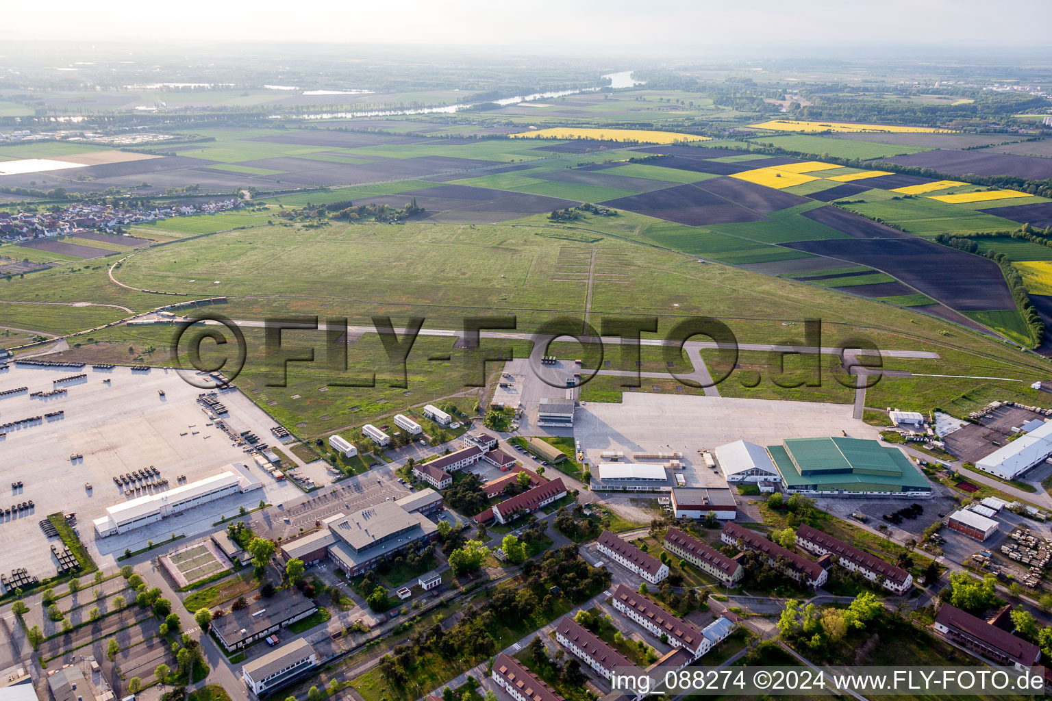 Aerial view of Locked runway at the former airfield Coleman of US Air force in the district Sandhofen in Mannheim in the state Baden-Wurttemberg, Germany