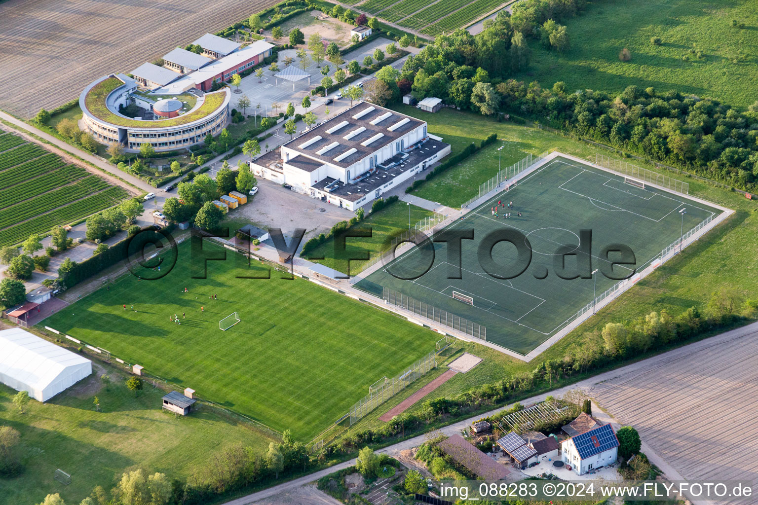 Aerial view of School building of the Pestalozzischule in Lampertheim in the state Hesse, Germany