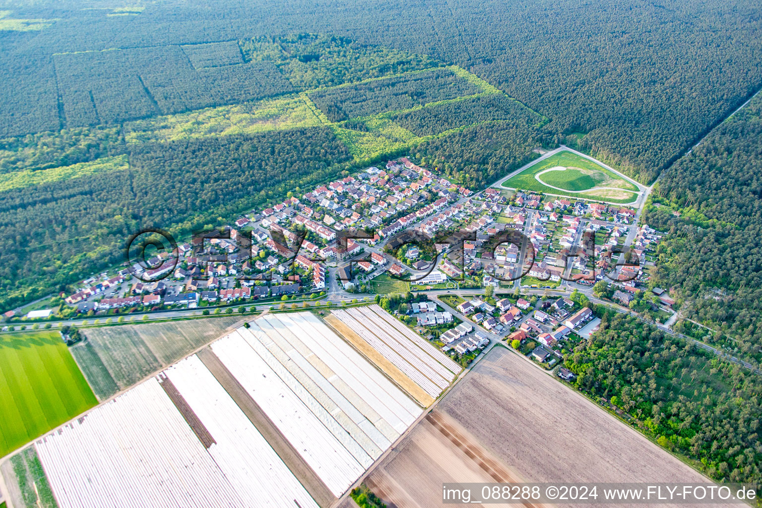 Aerial view of From the south in the district Neuschloß in Lampertheim in the state Hesse, Germany