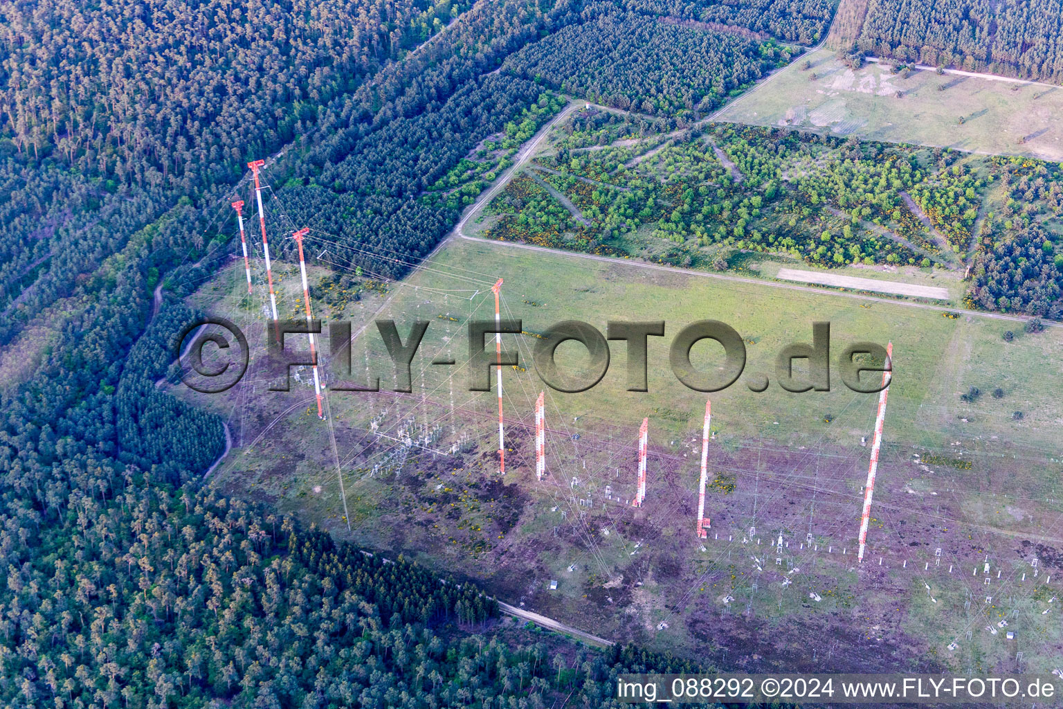 Aerial view of Radio transmission military property if IBB Transmitter Station Lampertheim in Lampertheim in the state Hesse, Germany