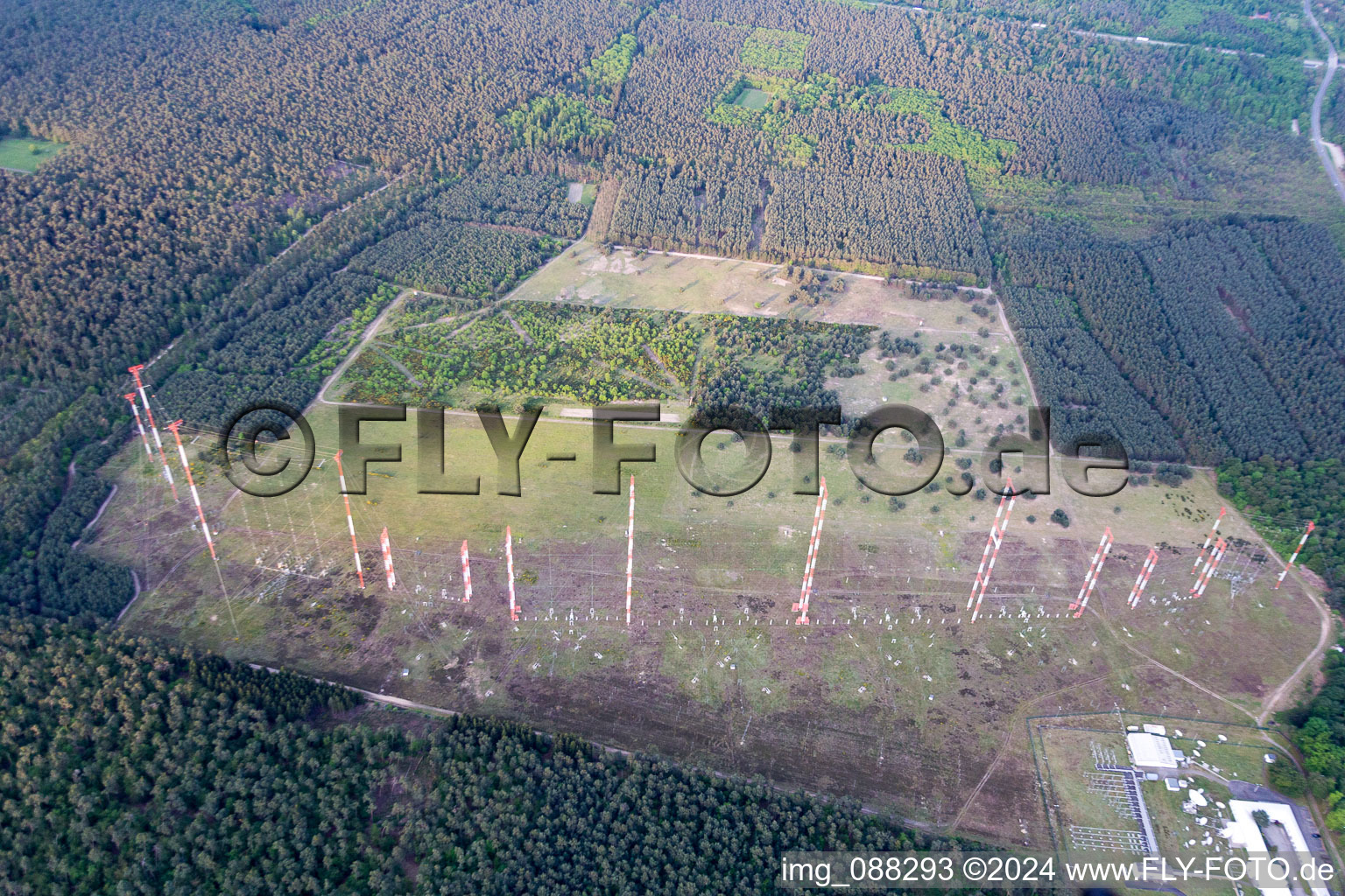 Aerial photograpy of Radio transmission military property if IBB Transmitter Station Lampertheim in Lampertheim in the state Hesse, Germany