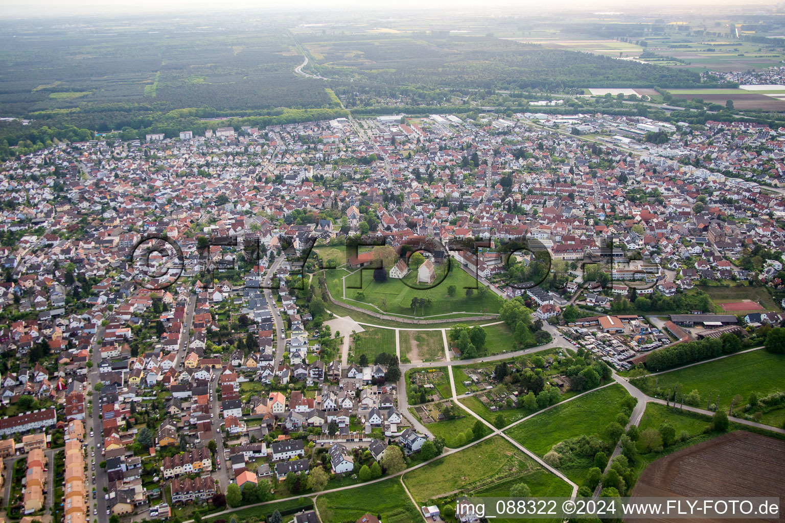 Town View of the streets and houses of the residential areas in Lorsch in the state Hesse, Germany from above