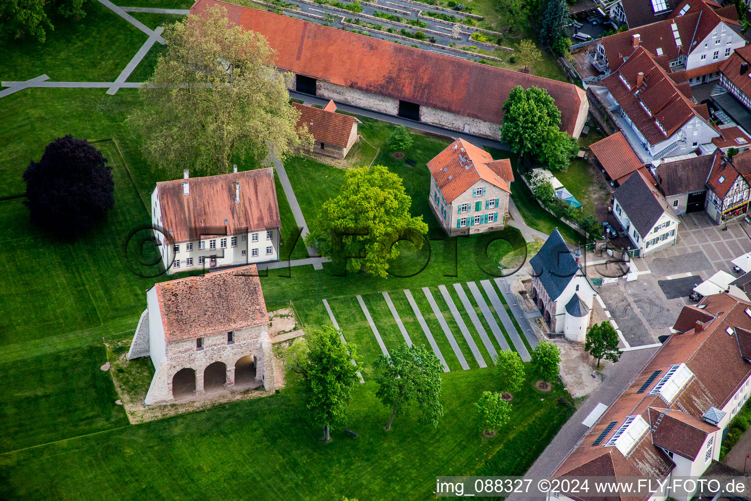 Aerial view of Building complex of the former monastery and today Klosteranlage Lorsch in Lorsch in the state Hesse, Germany