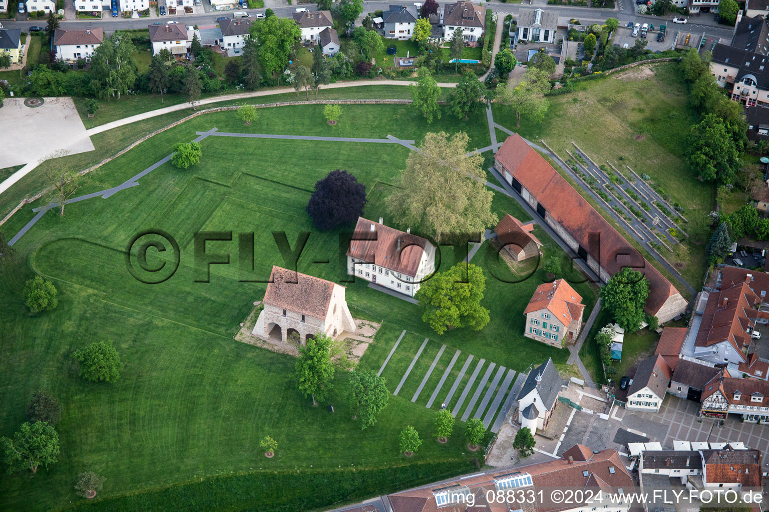 Aerial photograpy of Building complex of the former monastery and today Klosteranlage Lorsch in Lorsch in the state Hesse, Germany