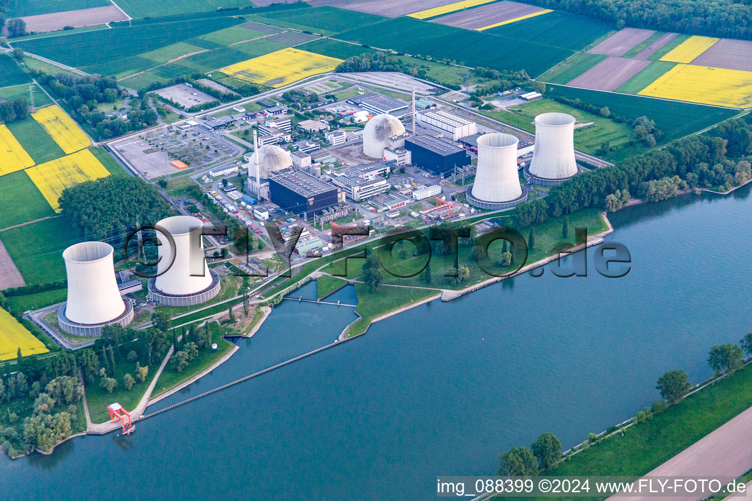 Aerial view of Nuclear power plant in the district Wattenheim in Biblis in the state Hesse, Germany