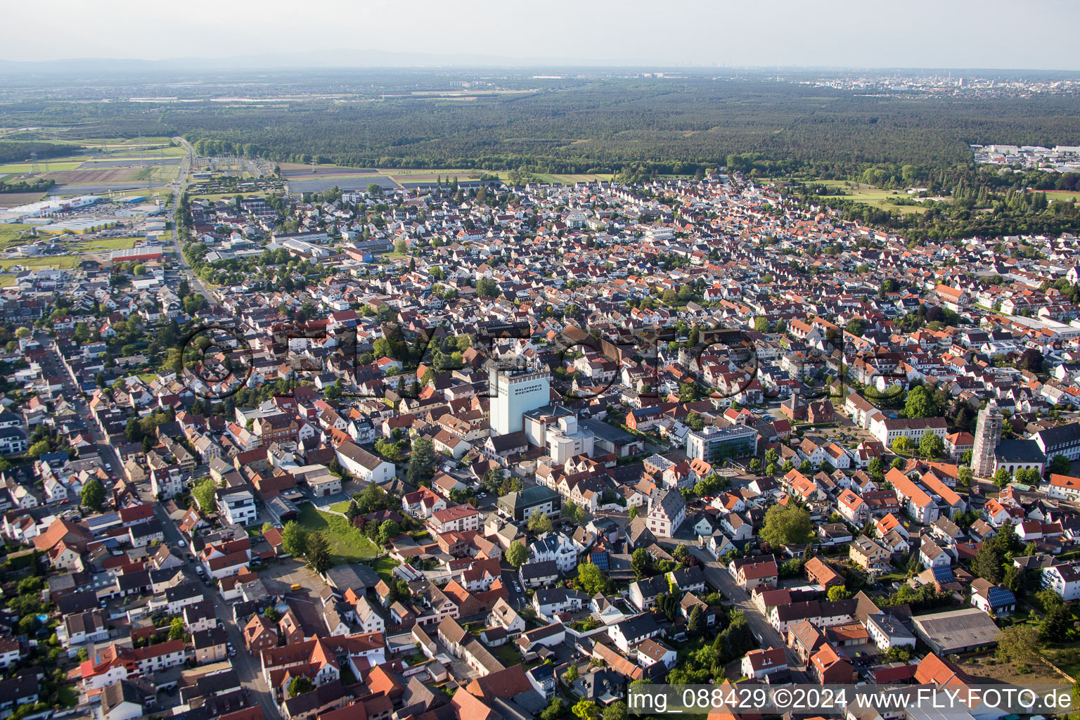 Aerial view of City view of the city area of in Pfungstadt in the state Hesse, Germany