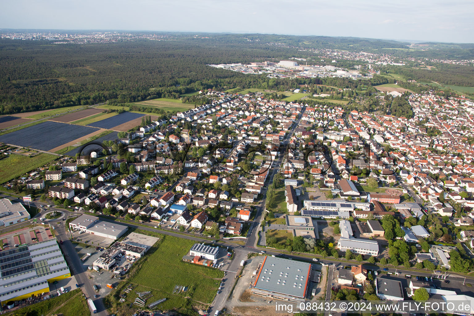 Oblique view of City view of the city area of in Pfungstadt in the state Hesse, Germany