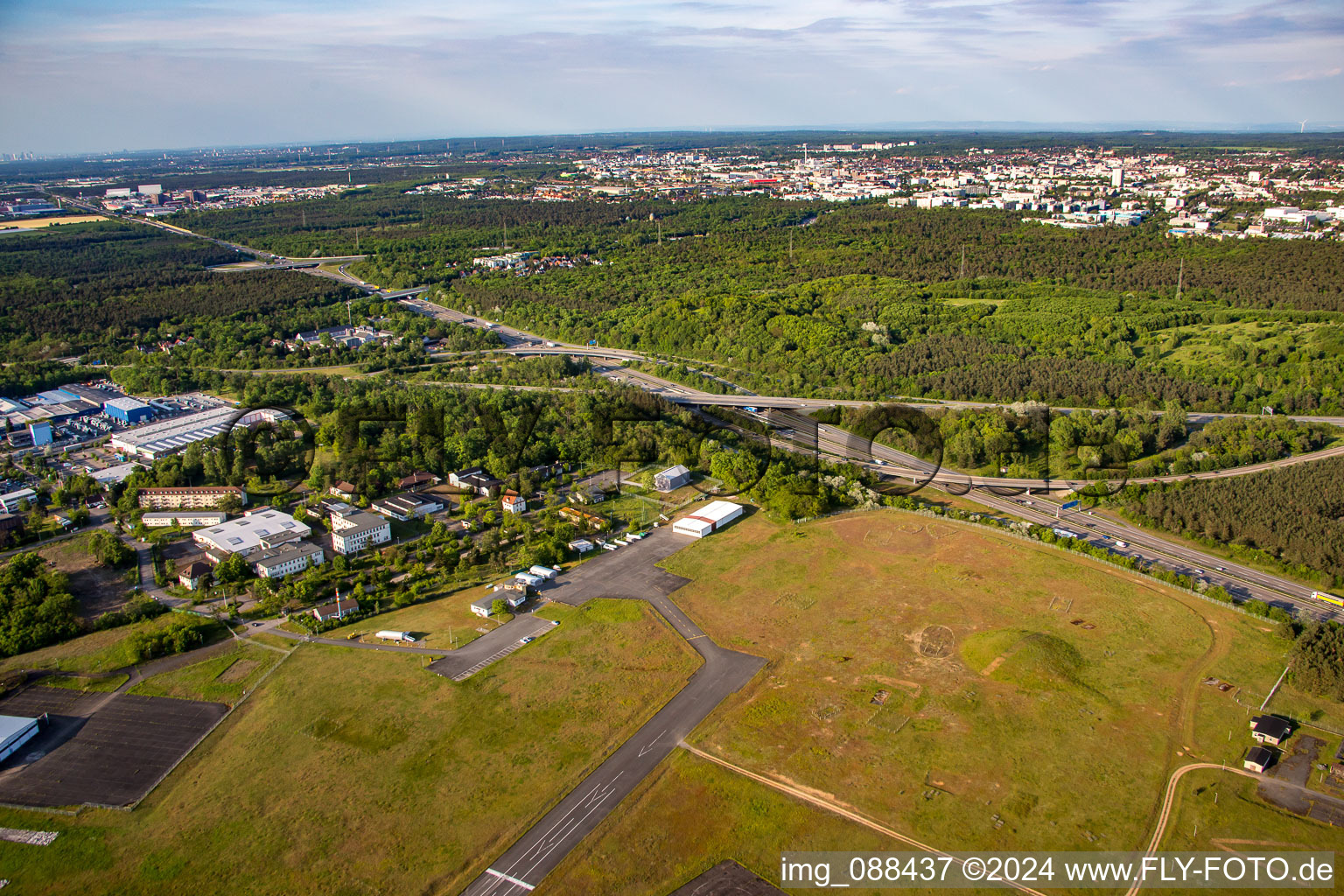 Aerial view of Runway with tarmac terrain of airfield August-Euler-Flugplatz in Griesheim in the state Hesse, Germany