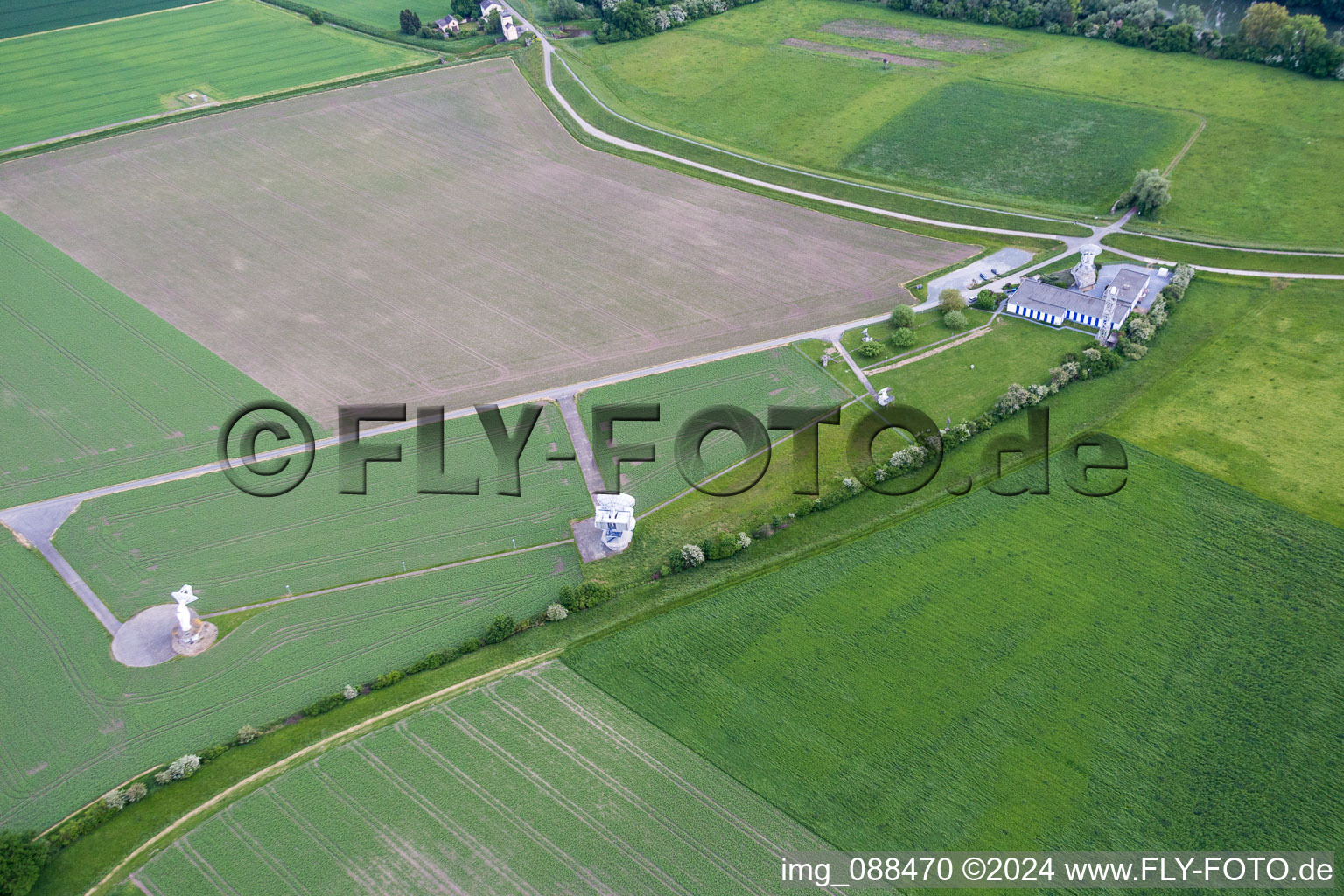 Aerial view of Parabolic satellite dishes Satellitenmessstelle BNetzA in Riedstadt in the state Hesse, Germany