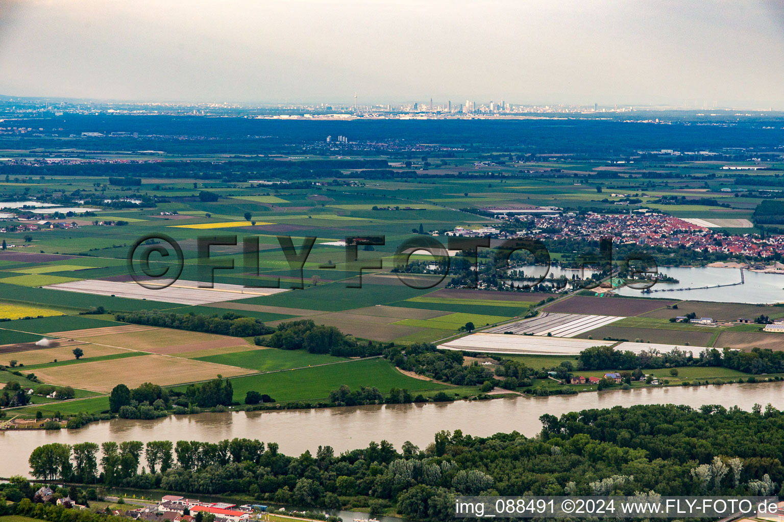 Aerial view of District Geinsheim in Trebur in the state Hesse, Germany