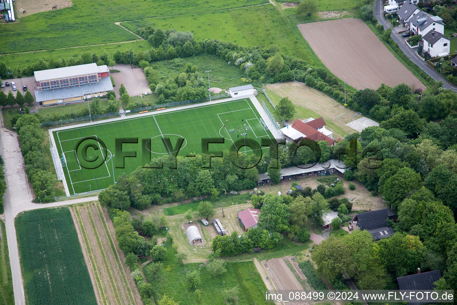 Aerial view of Sports field in Dexheim in the state Rhineland-Palatinate, Germany