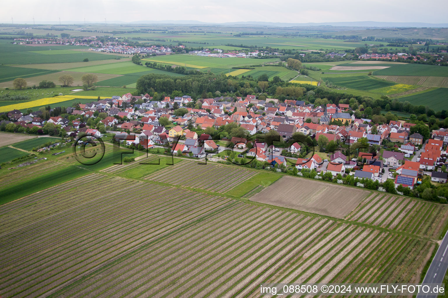 Aerial view of Rhine Hesse in Friesenheim in the state Rhineland-Palatinate, Germany