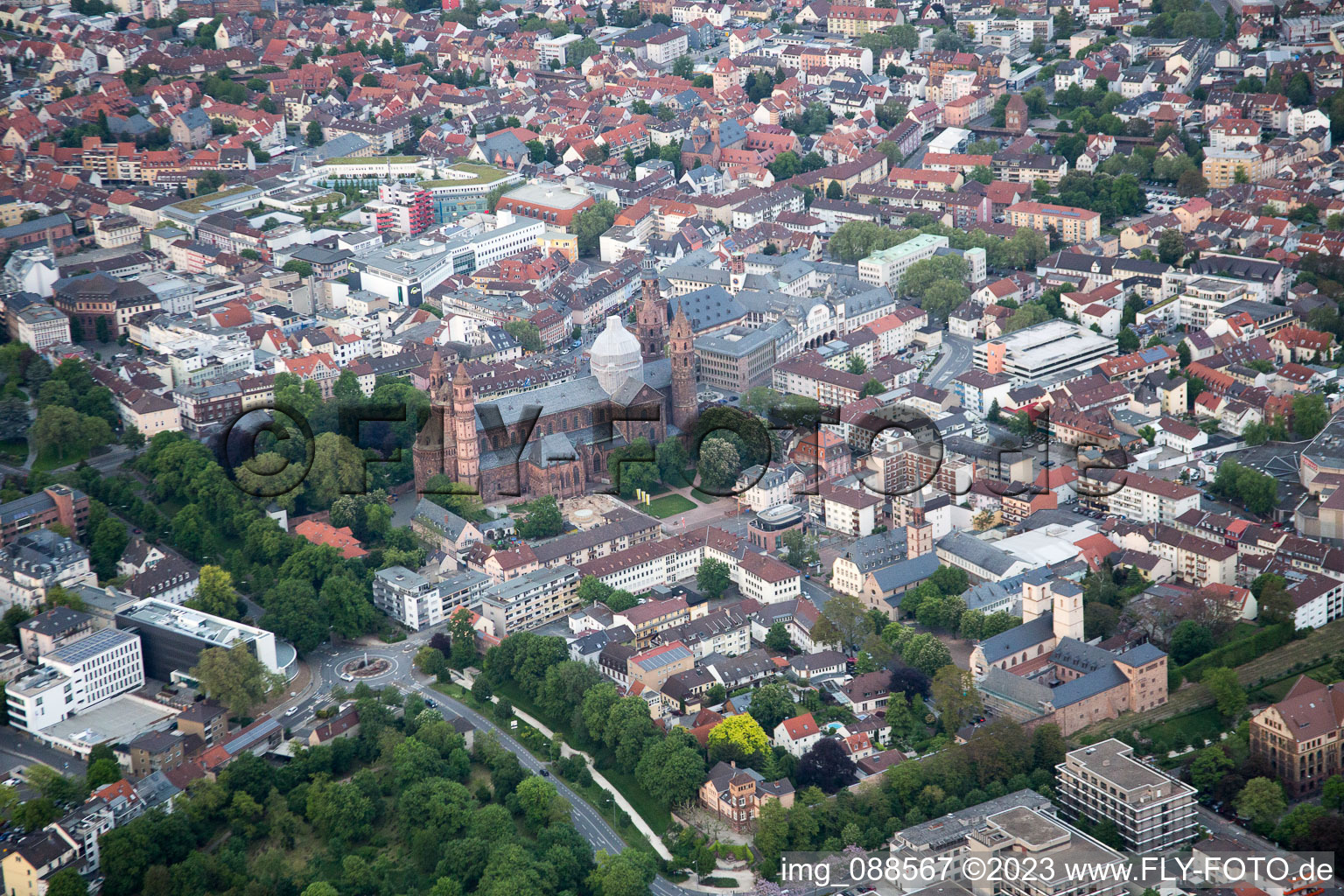Aerial view of Imperial Cathedral of St. Peter in Worms in the state Rhineland-Palatinate, Germany