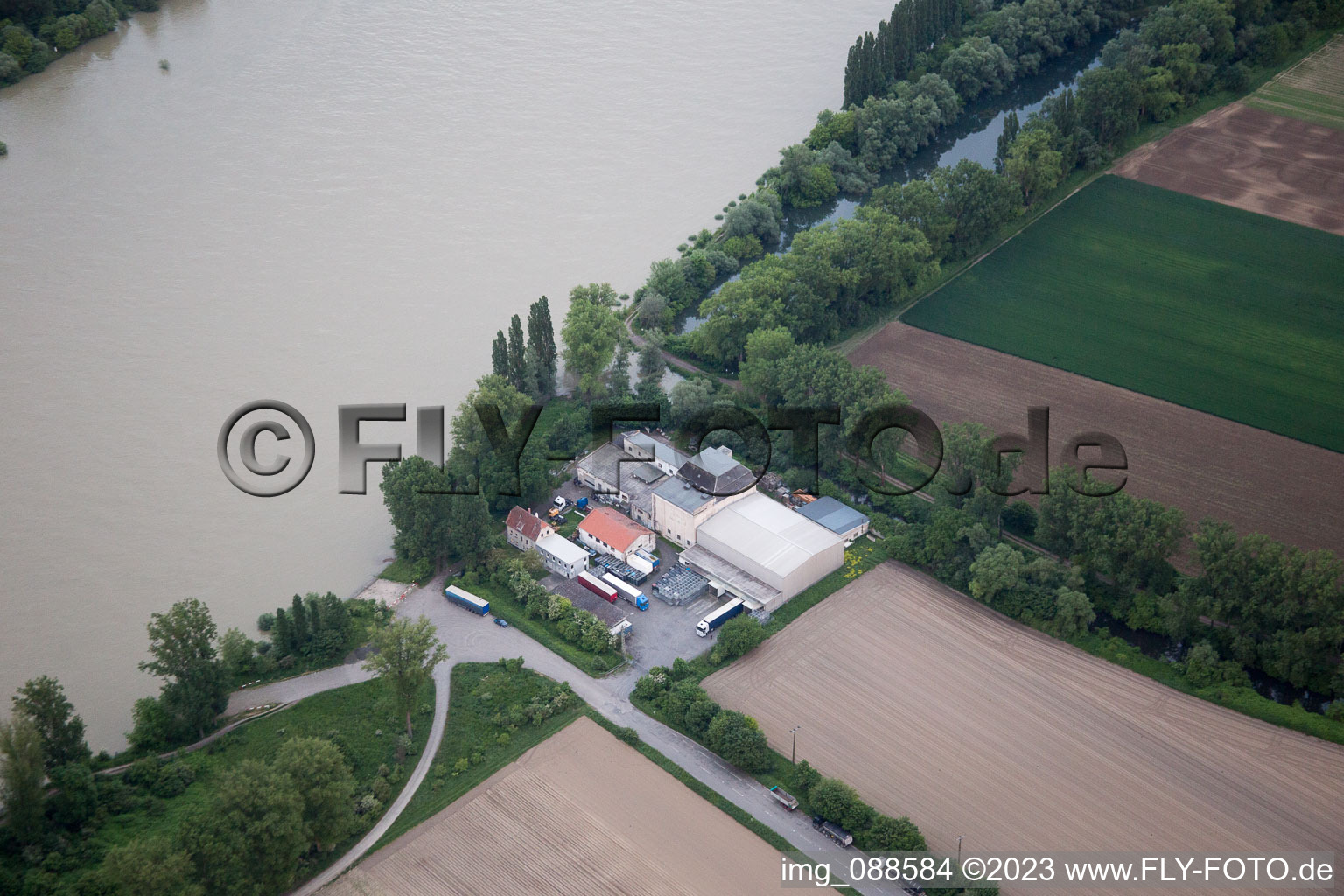 Aerial view of Forwarding company on the Rhine in Worms in the state Rhineland-Palatinate, Germany