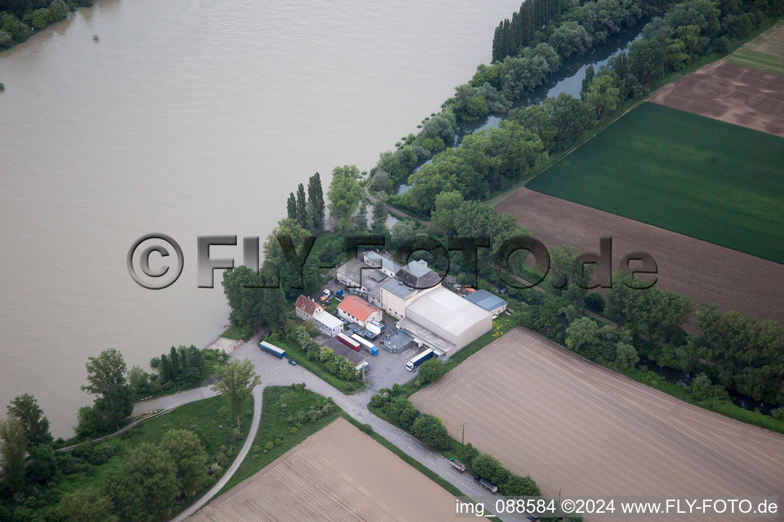 Aerial view of Freight forwarding on the Rhine in Worms in the state Rhineland-Palatinate, Germany