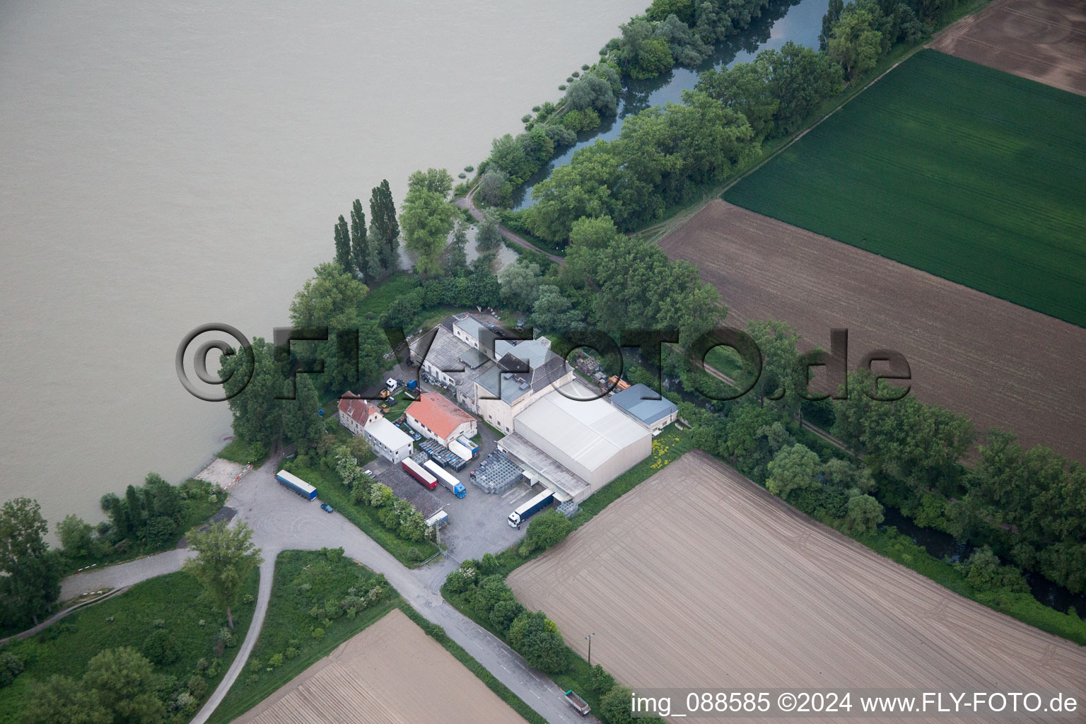 Aerial photograpy of Freight forwarding on the Rhine in Worms in the state Rhineland-Palatinate, Germany