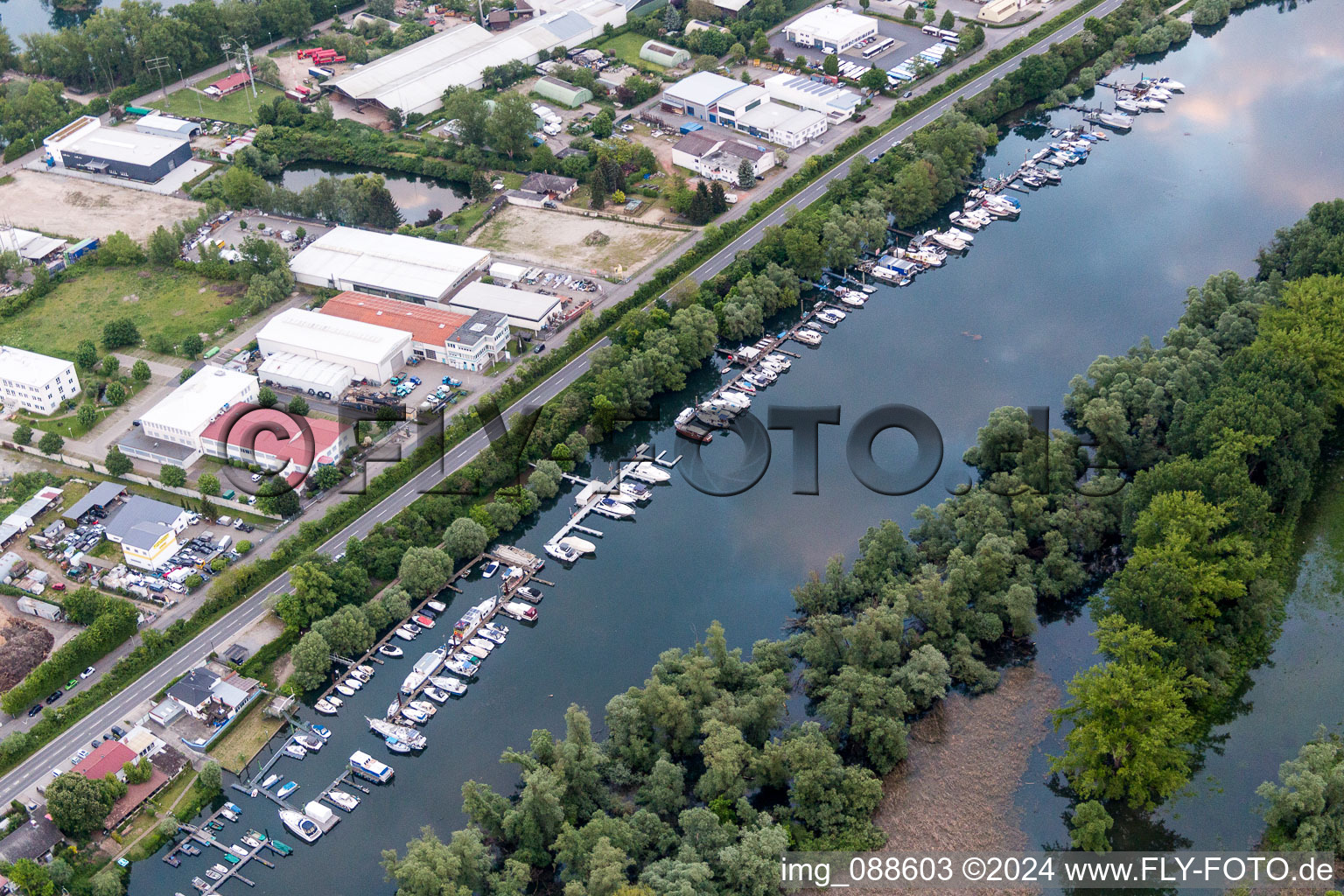 Pleasure boat marina with docks and moorings on the shore area of Lampertheimer Altrheins "KaiWest" in Lampertheim in the state Hesse, Germany
