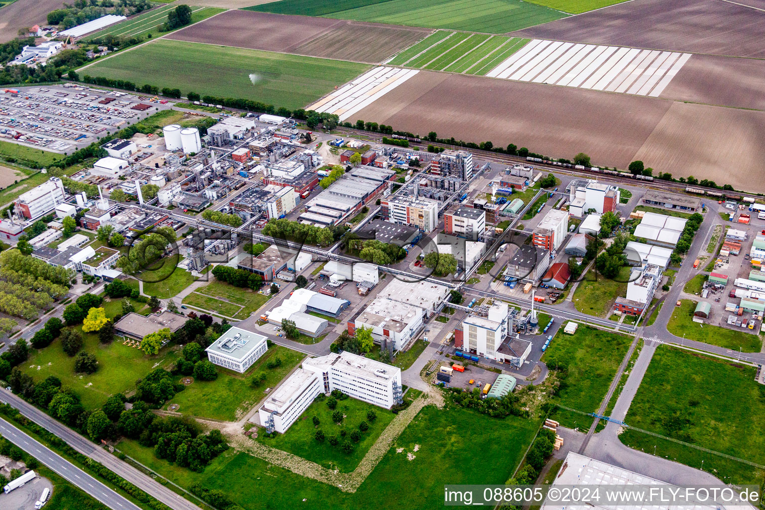 Building and production halls on the premises of the chemical manufacturers BASF Lampertheim GmbH in Lampertheim in the state Hesse, Germany