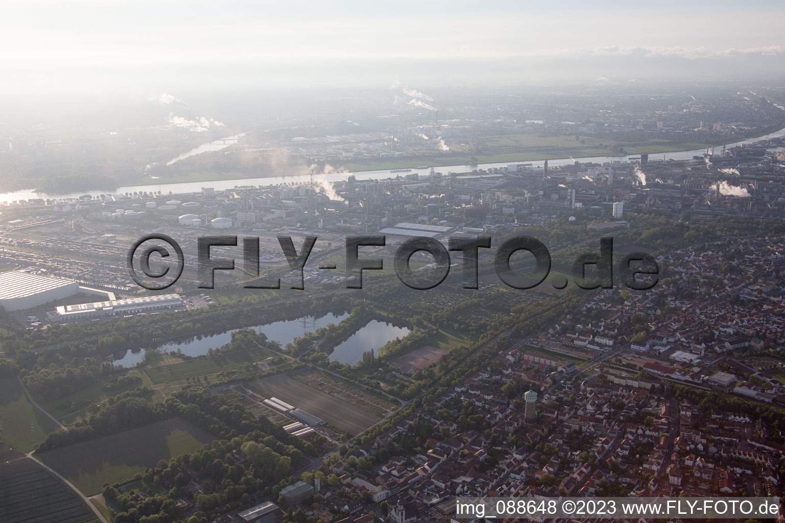 Aerial view of District Oppau in Ludwigshafen am Rhein in the state Rhineland-Palatinate, Germany